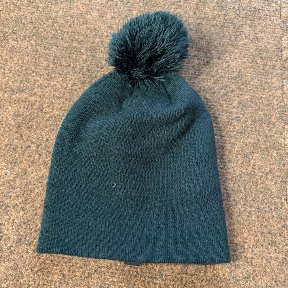 B- The North Face Youth Beanie Black Camo Logo Pom Pom Knit Hat Small S/P